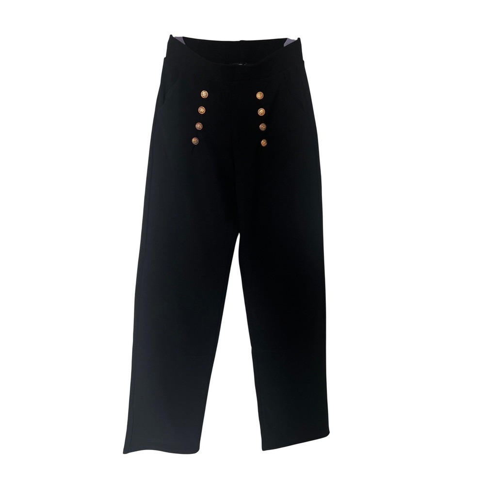 Black High Waist Sailor Button Wide Leg Pants Womens S Nautical Chic Dressy